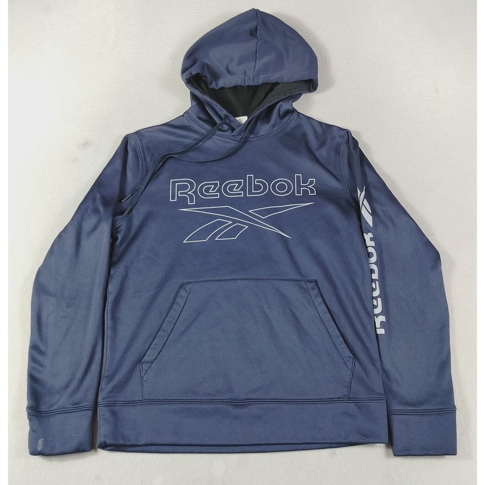 Reebok Hoodie Sweatshirt Mens Small Blue Logo Sleeve Fleece Pullover Athletic